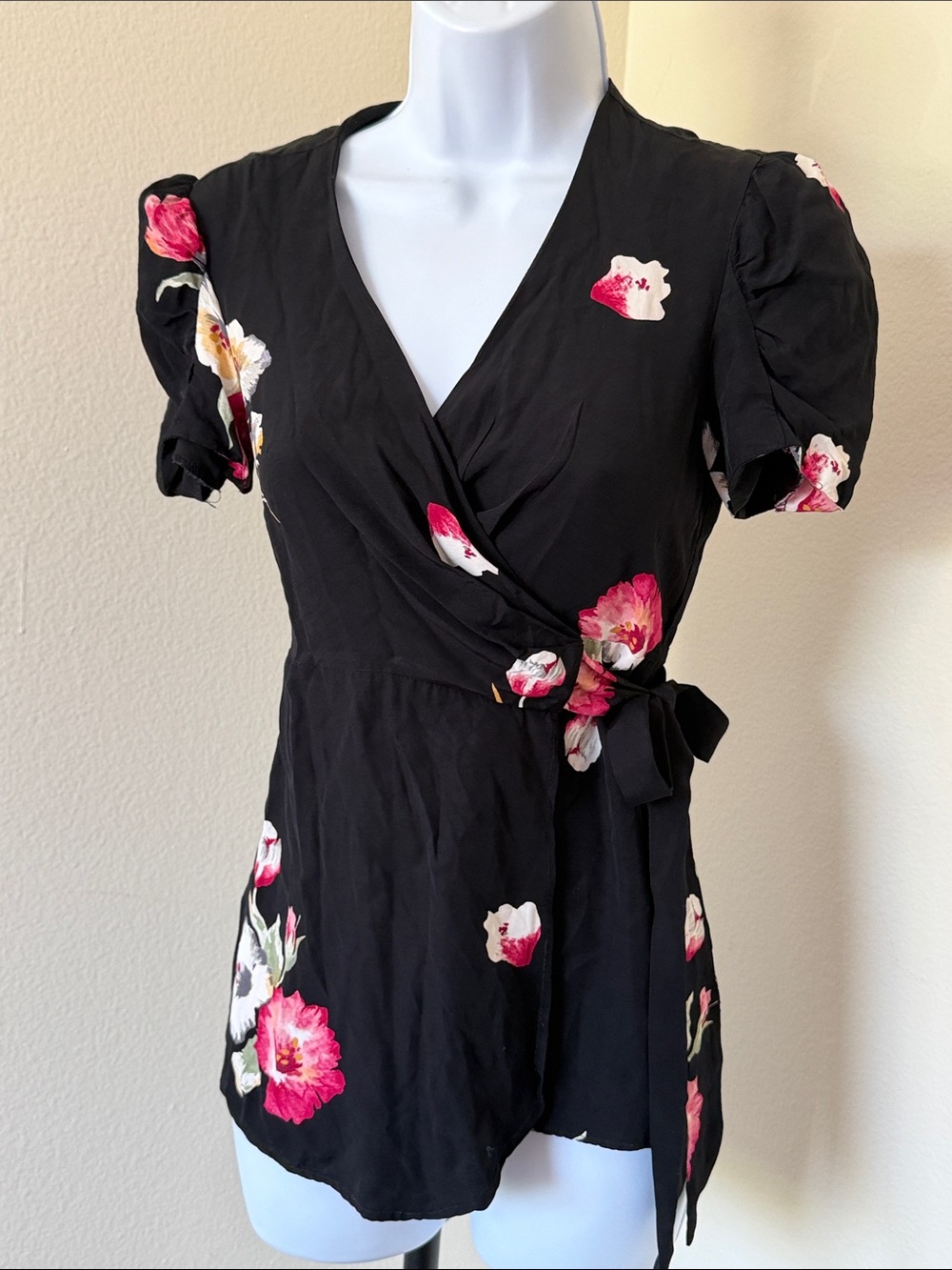 Anna Sui Black Wrap Blouse with Pink Floral Accents